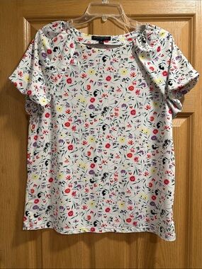 Banana Republic White Floral Print Short Sleeve Blouse with Multi-Color Blooms